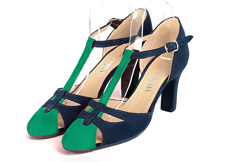 Emerald green and navy blue women's T-strap open side shoes. Round toe. High kitten heels. Front view - Florence KOOIJMAN